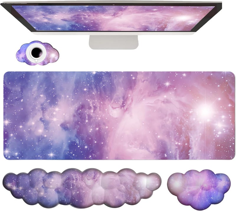 WFCYGL Cloud Wrist Rest Keyboard Purple Cloud Mouse Pad Set 4PCS Galaxy Large Desk Mat Ergonomic Space Wrist Pad Support Memory Foam Non-Slip Wrist Rest for Keyboard and Mouse Computer Gaming Home Office - Image 1